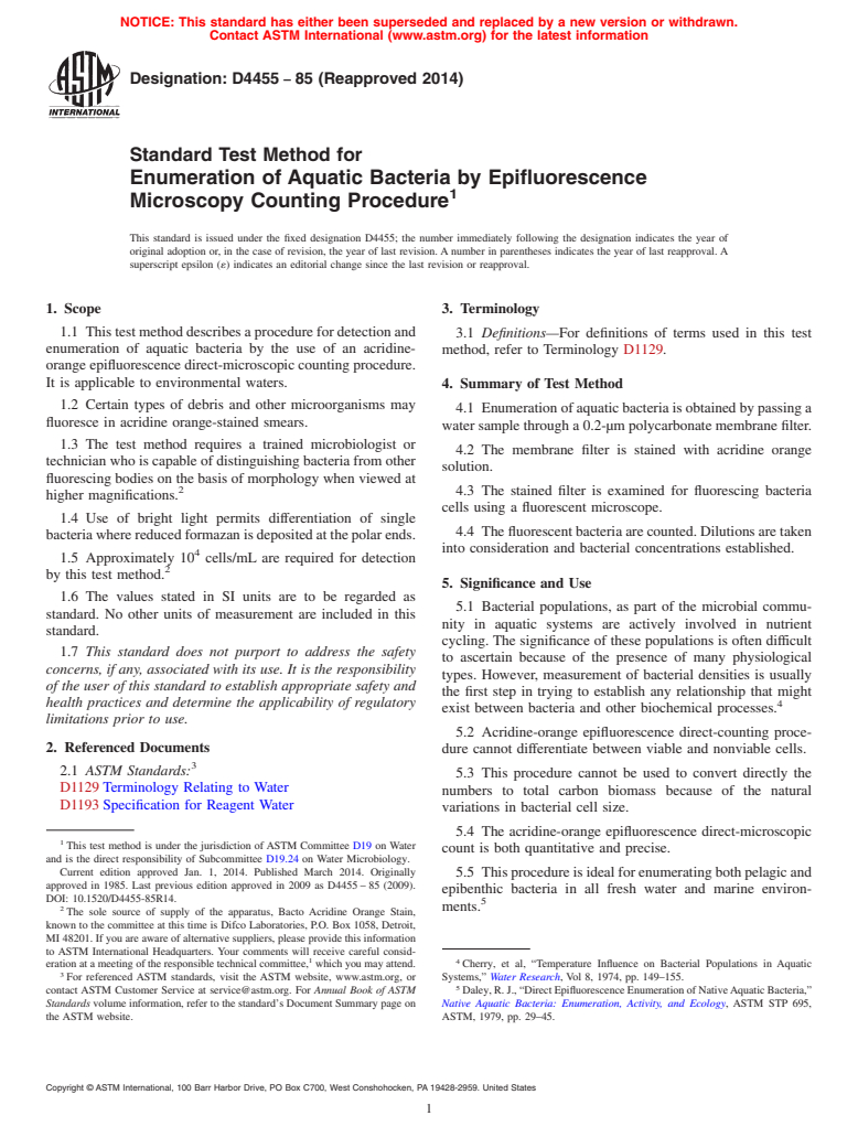 ASTM D4455-85(2014) - Standard Test Method for  Enumeration of Aquatic Bacteria by Epifluorescence Microscopy  Counting Procedure (Withdrawn 2019)