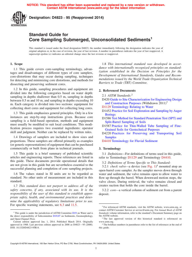 ASTM D4823-95(2014) - Standard Guide for  Core Sampling Submerged, Unconsolidated Sediments