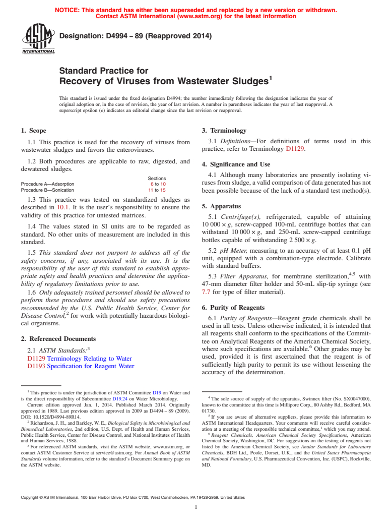 ASTM D4994-89(2014) - Standard Practice for  Recovery of Viruses from Wastewater Sludges