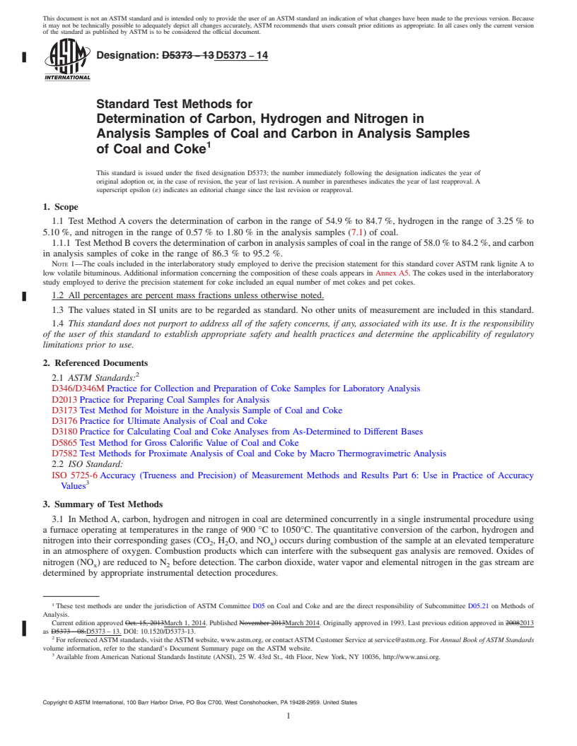 REDLINE ASTM D5373-14 - Standard Test Methods for  Determination of Carbon, Hydrogen and Nitrogen in Analysis  Samples of Coal and Carbon in Analysis Samples of Coal and Coke