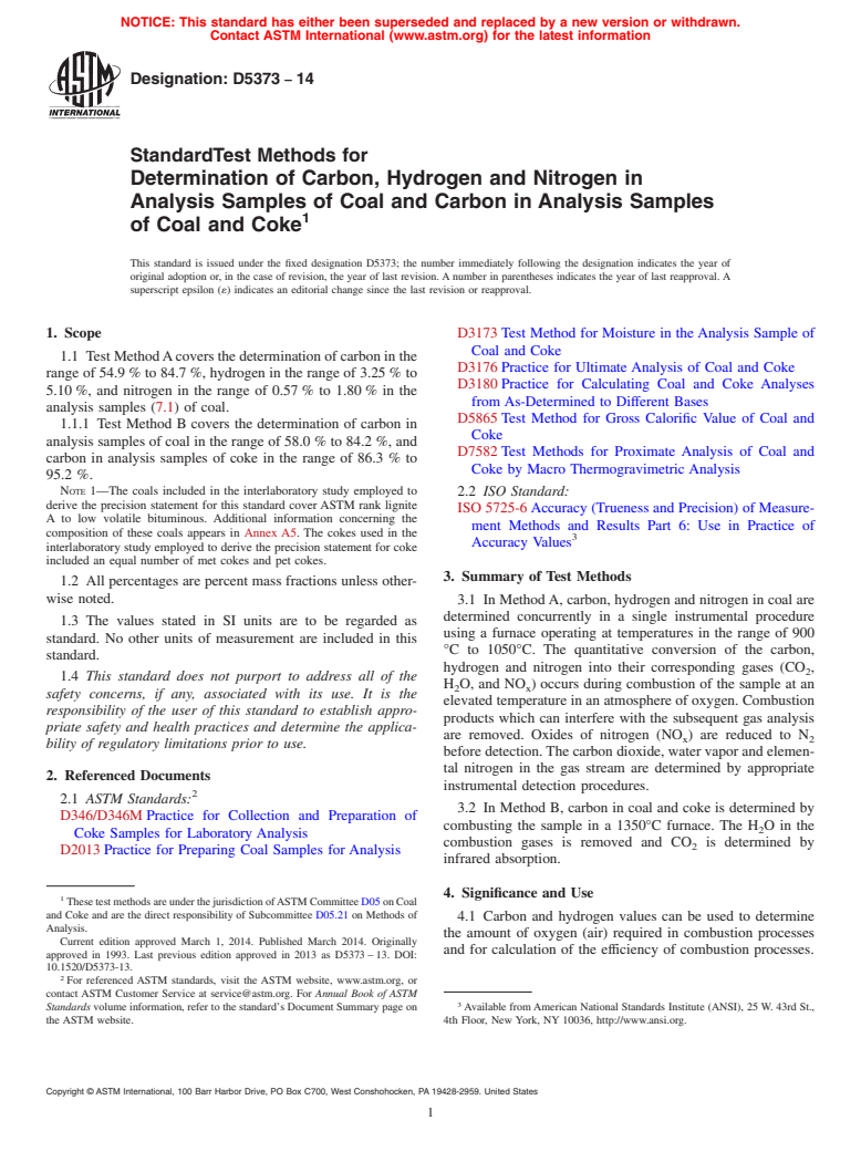 ASTM D5373-14 - Standard Test Methods for  Determination of Carbon, Hydrogen and Nitrogen in Analysis  Samples of Coal and Carbon in Analysis Samples of Coal and Coke