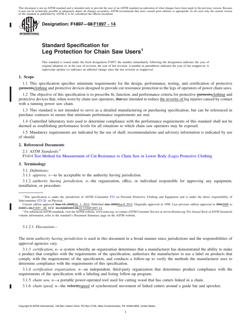 REDLINE ASTM F1897-14 - Standard Specification for  Leg Protection for Chain Saw Users