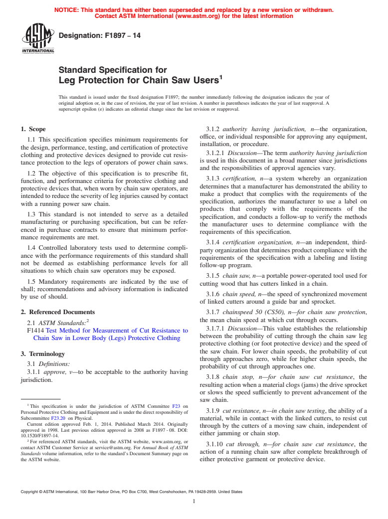 ASTM F1897-14 - Standard Specification for  Leg Protection for Chain Saw Users