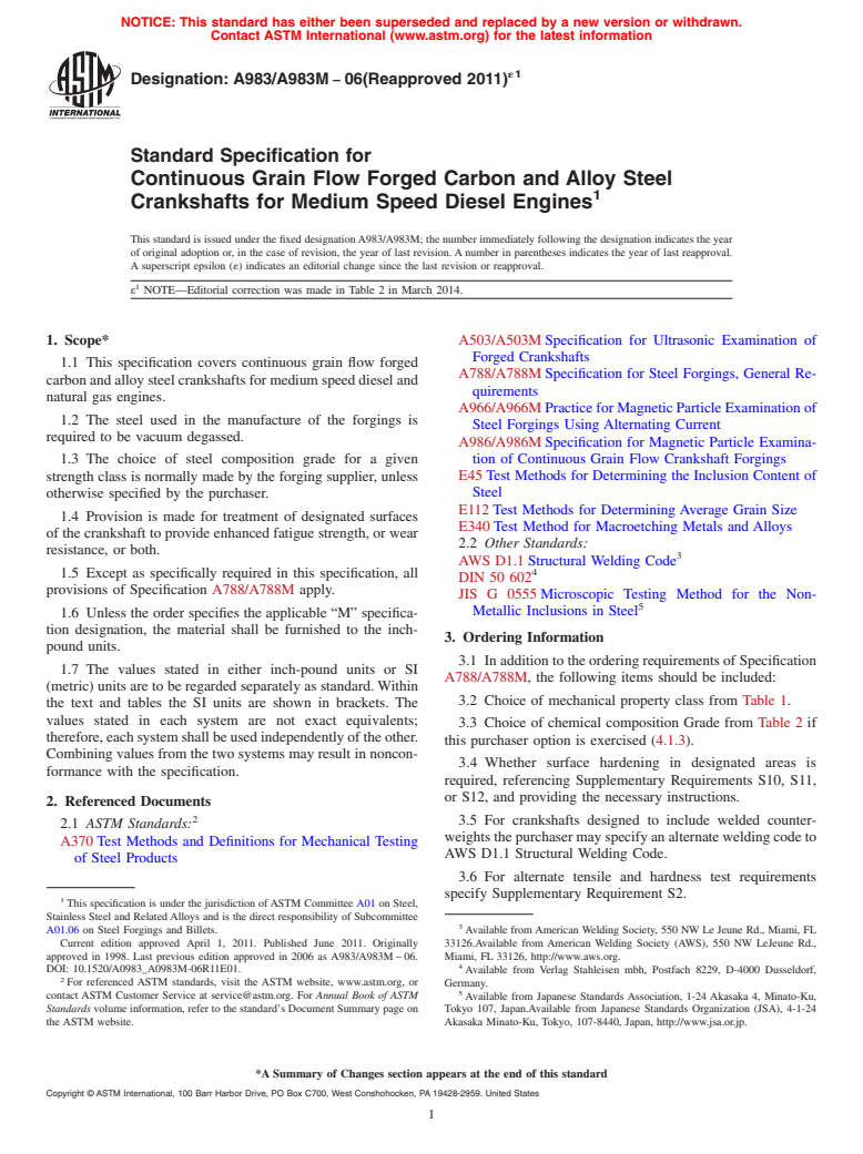 ASTM A983/A983M-06(2011)e1 - Standard Specification for  Continuous Grain Flow Forged Carbon and Alloy Steel Crankshafts  for Medium Speed Diesel Engines