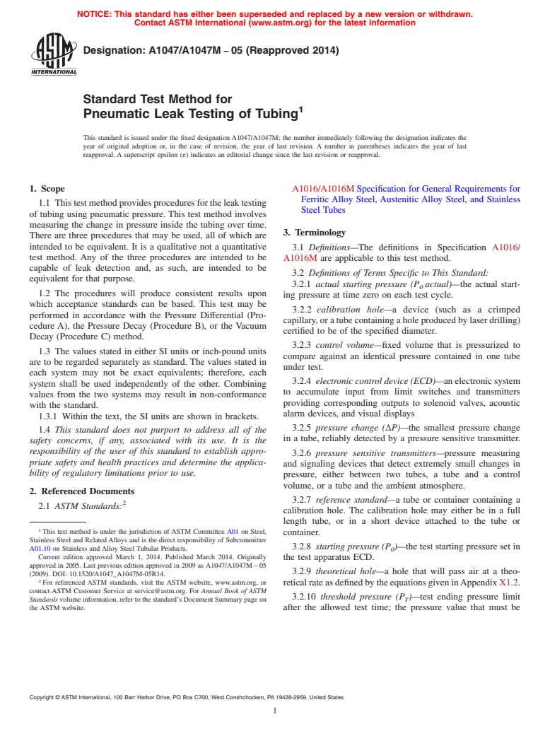 ASTM A1047/A1047M-05(2014) - Standard Test Method for  Pneumatic Leak Testing of Tubing