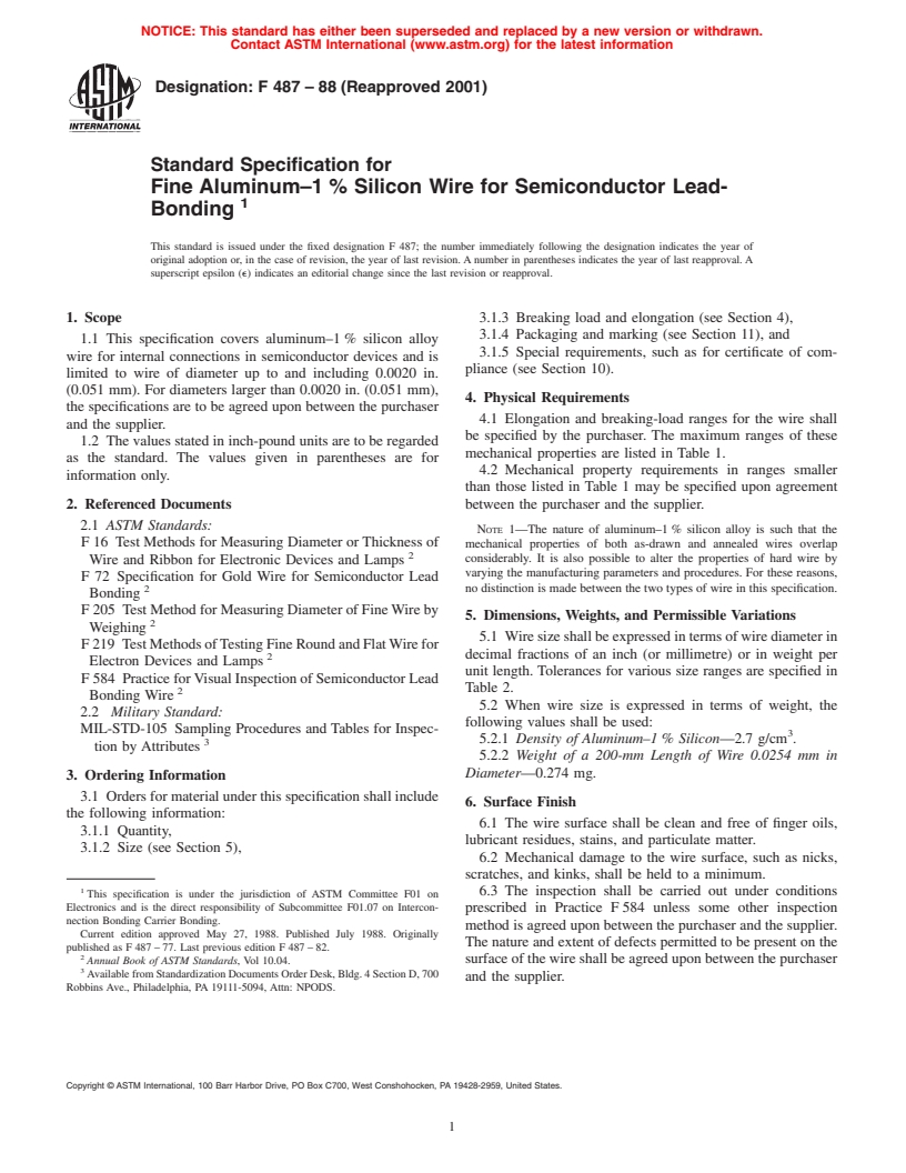 ASTM F487-88(2001) - Standard Specification for Fine Aluminum-1% Silicon Wire for Semiconductor Lead-Bonding