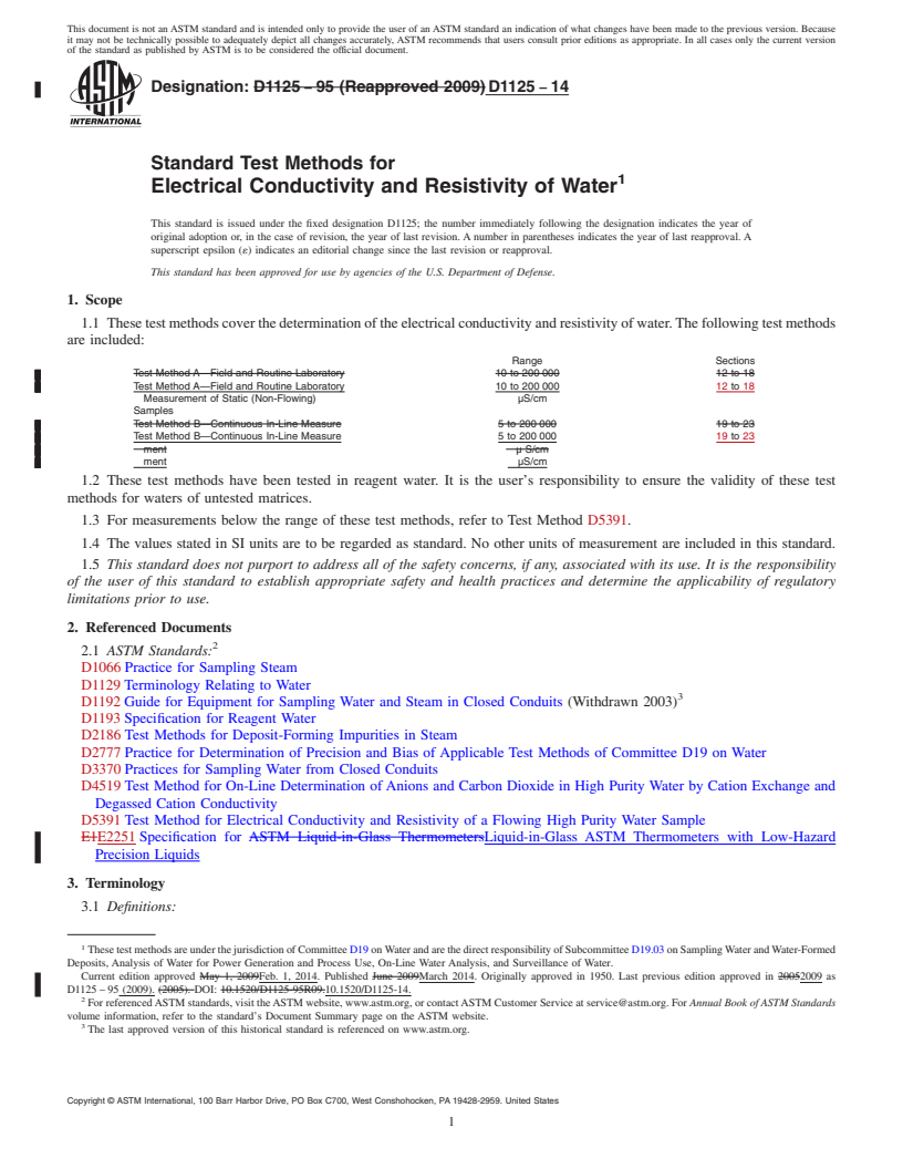 REDLINE ASTM D1125-14 - Standard Test Methods for  Electrical Conductivity and Resistivity of Water (Withdrawn 2023)