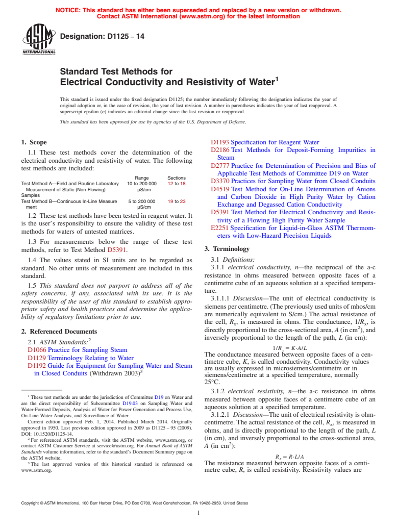 ASTM D1125-14 - Standard Test Methods for  Electrical Conductivity and Resistivity of Water (Withdrawn 2023)