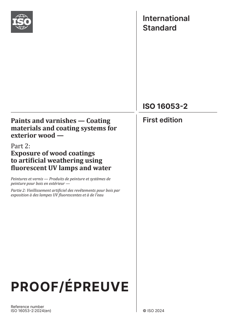 ISO/PRF 16053-2 - Paints and varnishes — Coating materials and coating systems for exterior wood — Part 2: Exposure of wood coatings to artificial weathering using fluorescent UV lamps and water
Released:23. 01. 2024