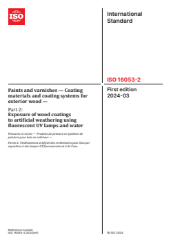 ISO 16053-2:2024 - Paints and varnishes — Coating materials and coating systems for exterior wood — Part 2: Exposure of wood coatings to artificial weathering using fluorescent UV lamps and water
Released:20. 03. 2024 - Page 1 preview
