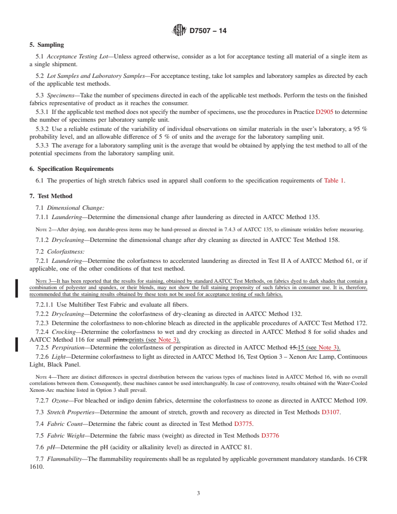 REDLINE ASTM D7507-14 - Standard Specification for  Woven High Stretch Fabrics Used in Apparel