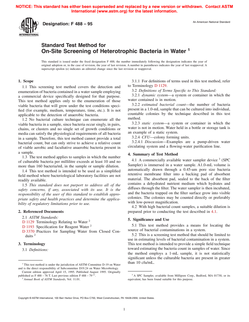 ASTM F488-95 - Standard Test Method for On-site Screening of Heterotrophic Bacteria in Water (Withdrawn 2004)