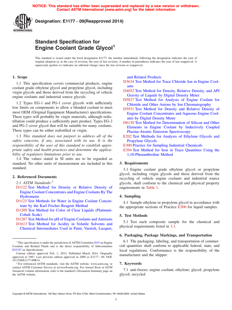 ASTM E1177-09(2014) - Standard Specification for  Engine Coolant Grade Glycol