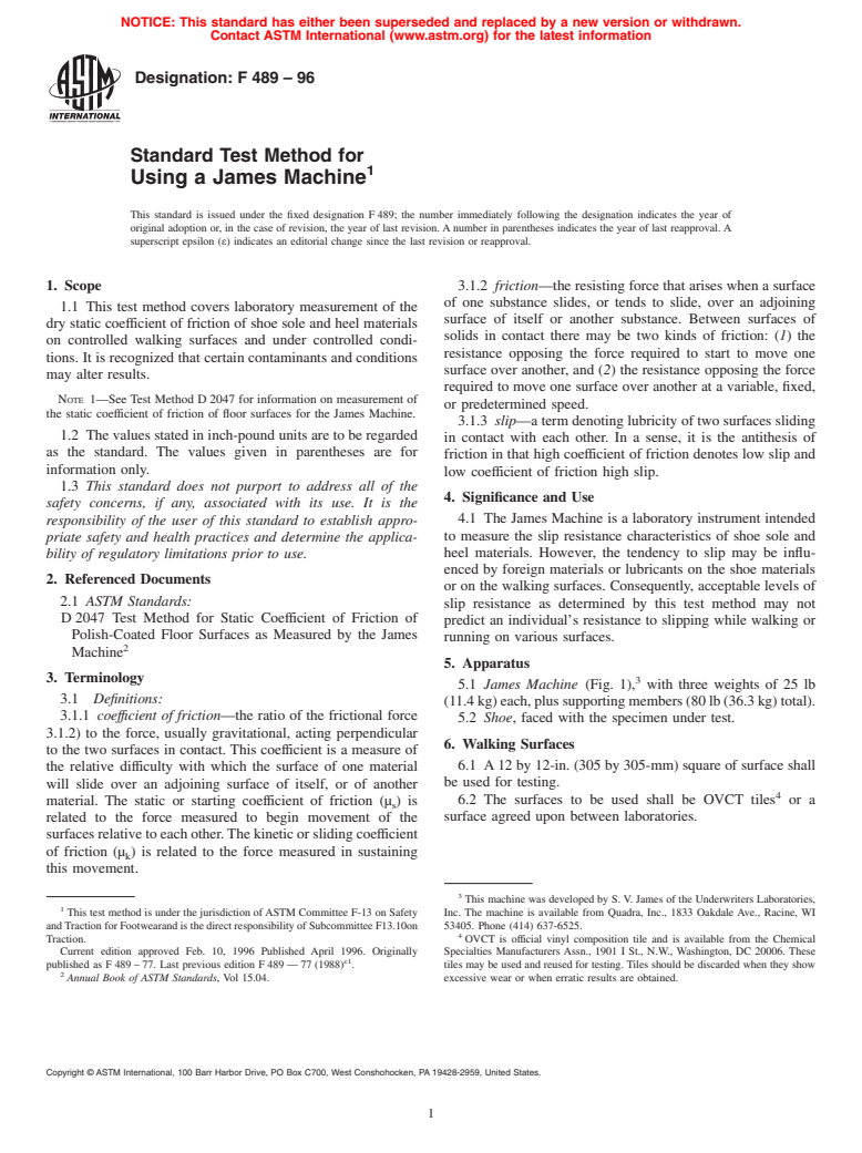 ASTM F489-96 - Standard Test Method for Using a James Machine