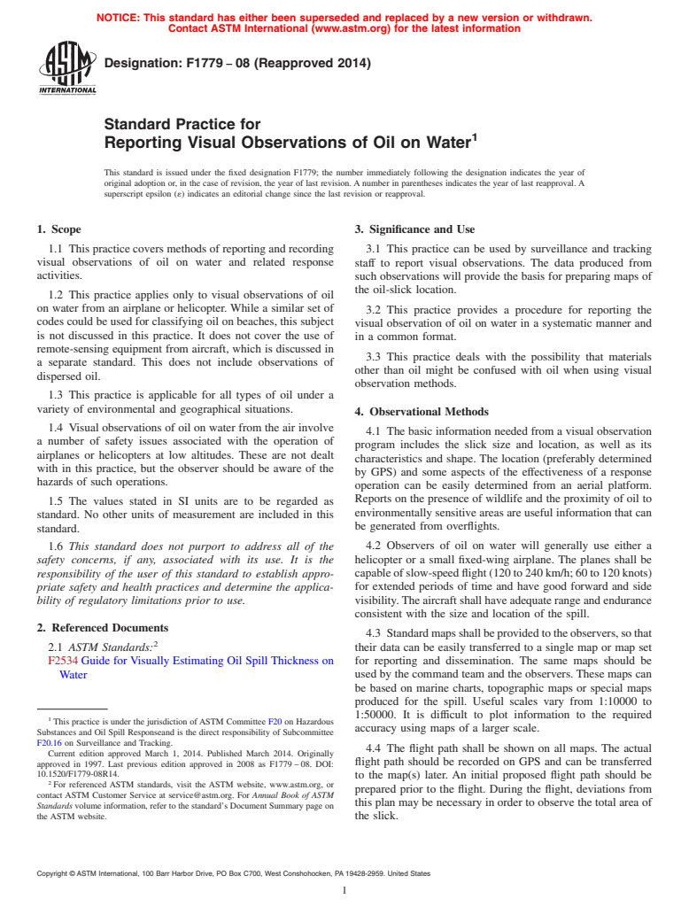 ASTM F1779-08(2014) - Standard Practice for  Reporting Visual Observations of Oil on Water