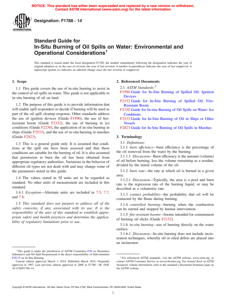 ASTM F1788-14 - Standard Guide for  In-Situ Burning of Oil Spills on Water: Environmental and Operational  Considerations