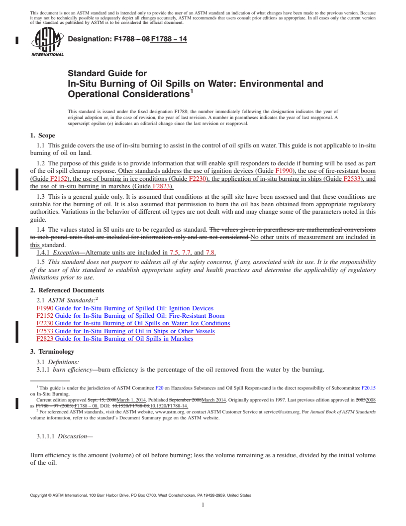 REDLINE ASTM F1788-14 - Standard Guide for  In-Situ Burning of Oil Spills on Water: Environmental and Operational  Considerations