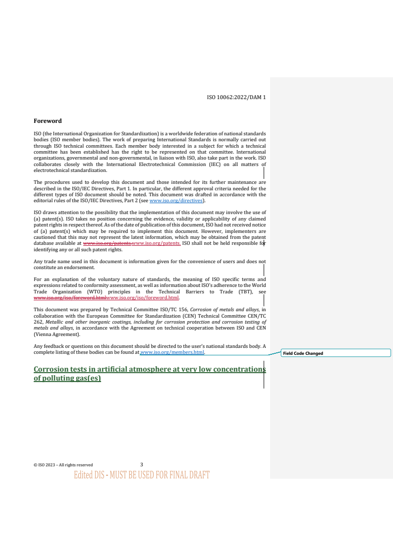 REDLINE ISO 10062:2022/PRF Amd 1 - Corrosion tests in artificial atmosphere at very low concentrations of polluting gas(es) — Amendment 1: Footnote of Warning
Released:10. 04. 2024