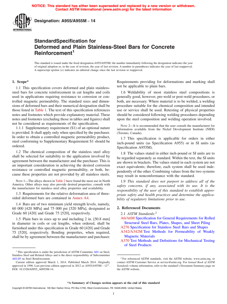 ASTM A955/A955M-14 - Standard Specification for  Deformed and Plain Stainless-Steel Bars for Concrete Reinforcement