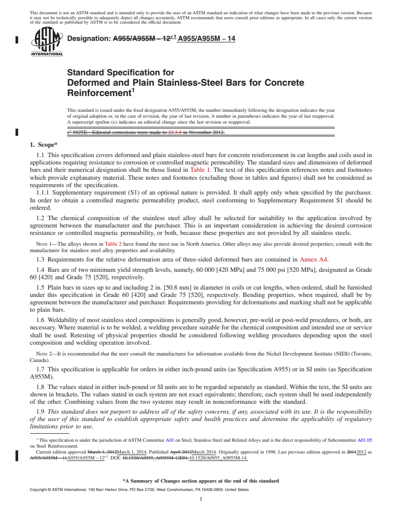 REDLINE ASTM A955/A955M-14 - Standard Specification for  Deformed and Plain Stainless-Steel Bars for Concrete Reinforcement