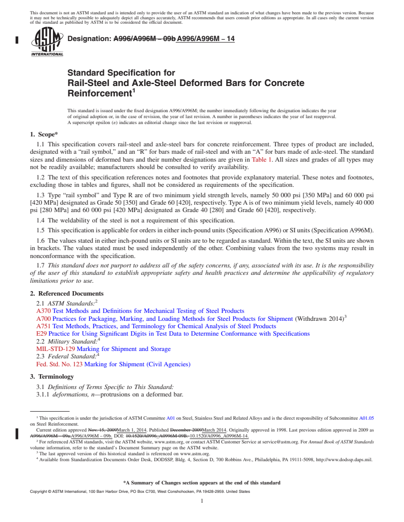 REDLINE ASTM A996/A996M-14 - Standard Specification for  Rail-Steel and Axle-Steel Deformed Bars for Concrete Reinforcement