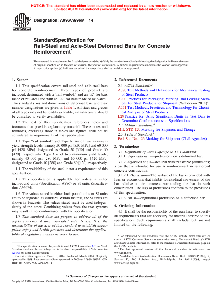 ASTM A996/A996M-14 - Standard Specification for  Rail-Steel and Axle-Steel Deformed Bars for Concrete Reinforcement