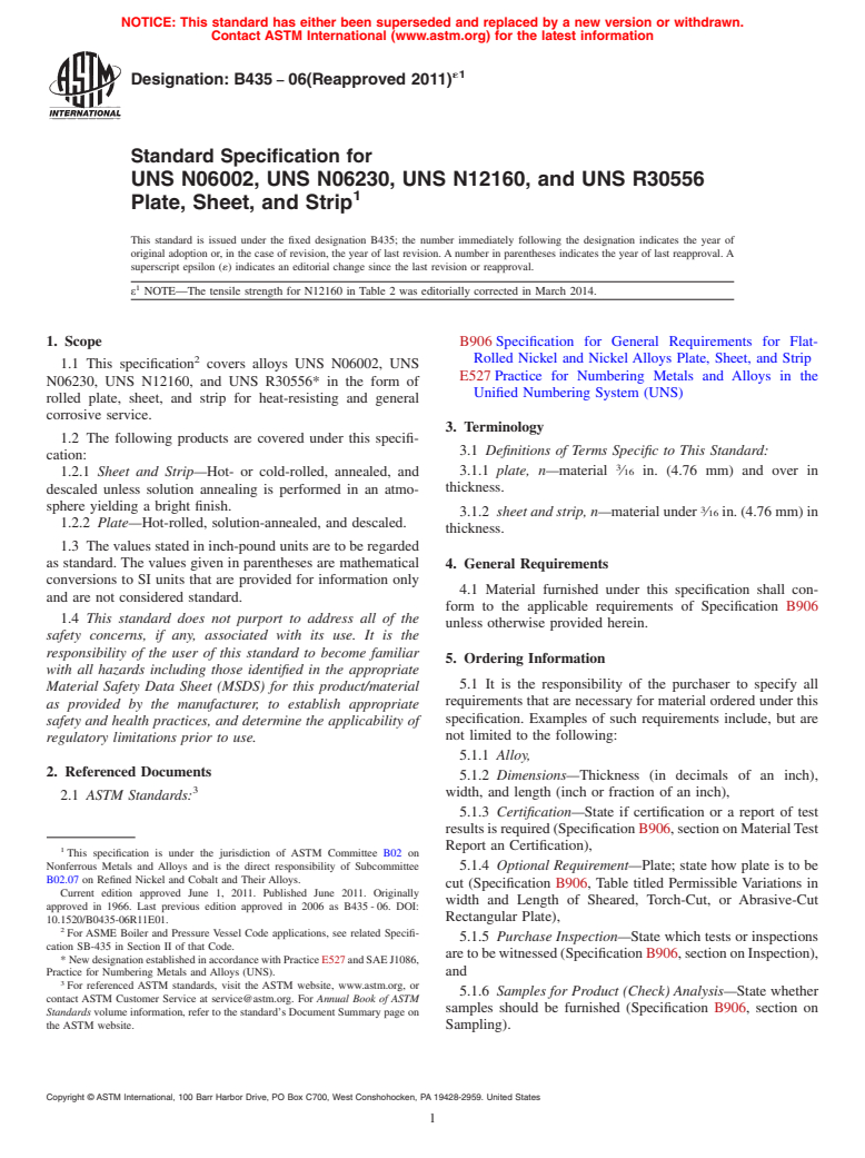 ASTM B435-06(2011)e1 - Standard Specification for UNS N06002, UNS N06230, UNS N12160, and UNS R30556 Plate, Sheet,  and  Strip