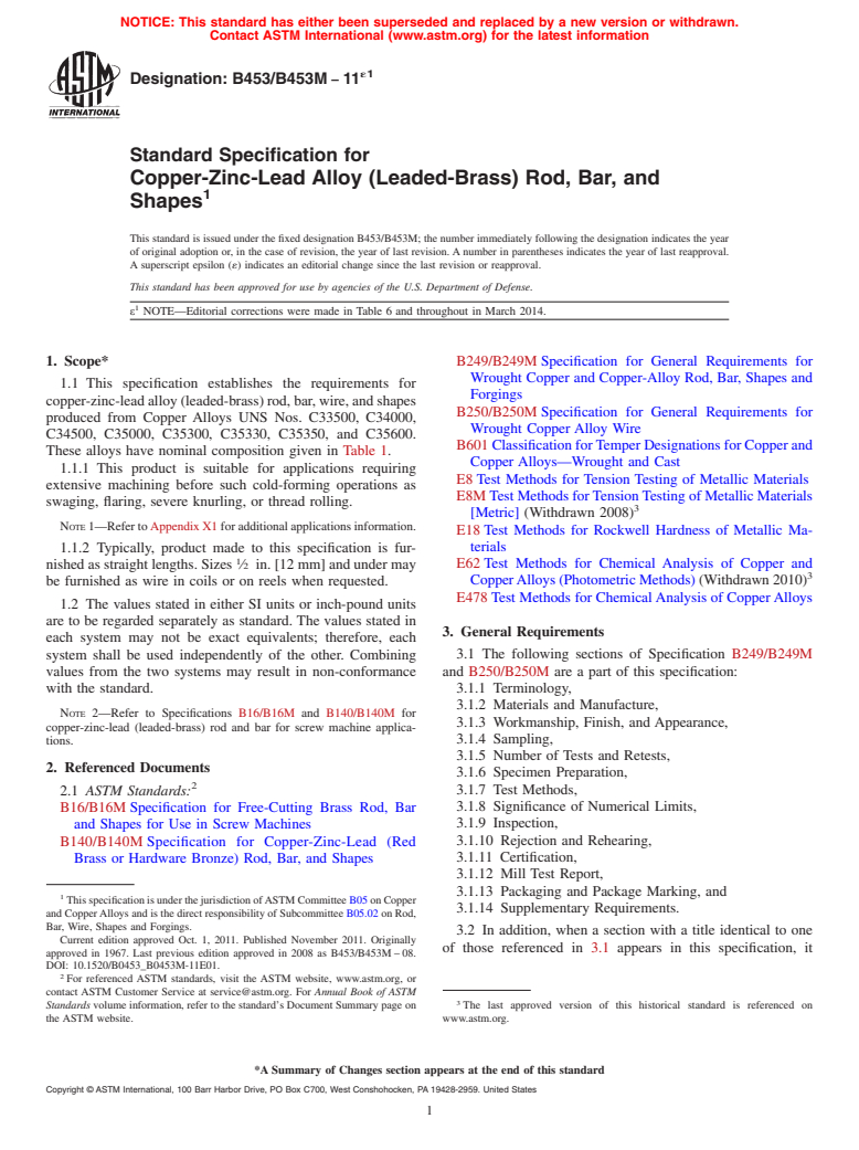 ASTM B453/B453M-11e1 - Standard Specification for  Copper-Zinc-Lead Alloy &#40;Leaded-Brass&#41; Rod, Bar, and Shapes