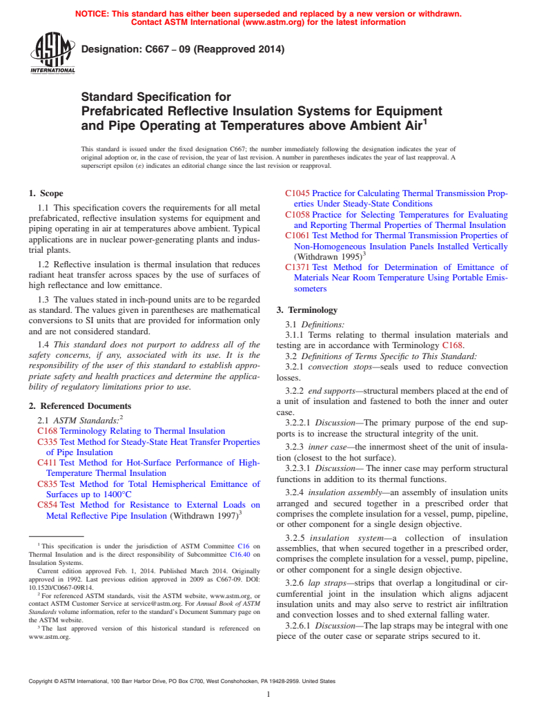 ASTM C667-09(2014) - Standard Specification for  Prefabricated Reflective Insulation Systems for Equipment and  Pipe Operating at Temperatures above Ambient Air