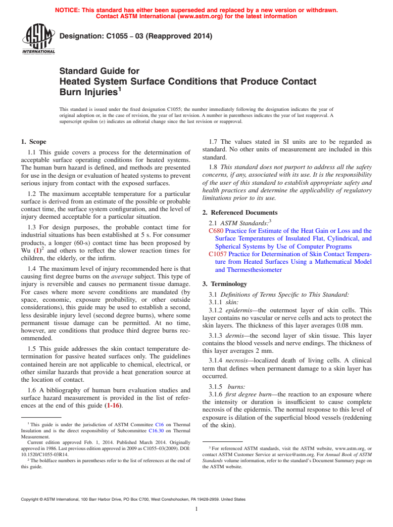 ASTM C1055-03(2014) - Standard Guide for  Heated System Surface Conditions that Produce Contact Burn  Injuries