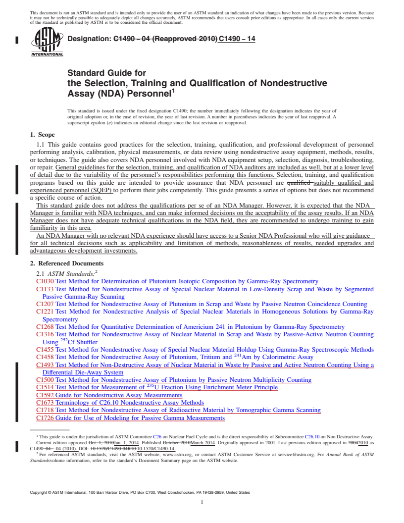 REDLINE ASTM C1490-14 - Standard Guide for  the Selection, Training and Qualification of Nondestructive  Assay &#40;NDA&#41; Personnel