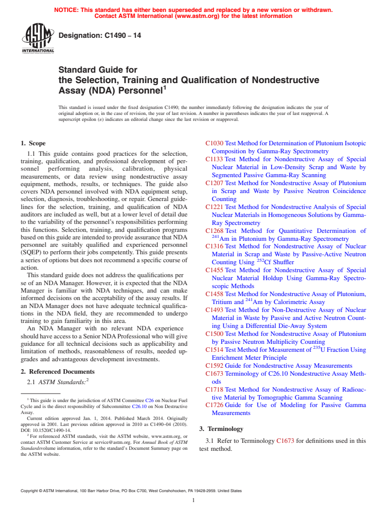 ASTM C1490-14 - Standard Guide for  the Selection, Training and Qualification of Nondestructive  Assay &#40;NDA&#41; Personnel