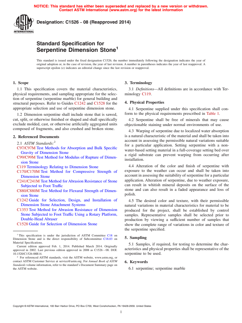 ASTM C1526-08(2014) - Standard Specification for  Serpentine Dimension Stone