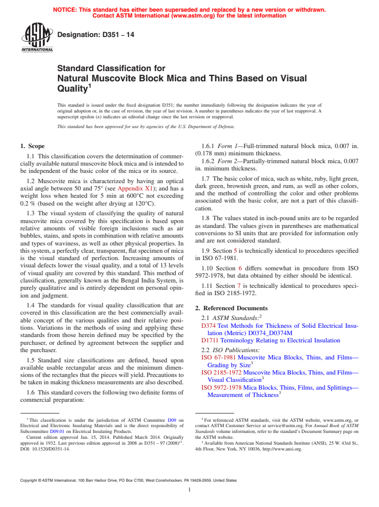 ASTM D351-14 - Standard Classification for  Natural Muscovite Block Mica and Thins Based on Visual Quality