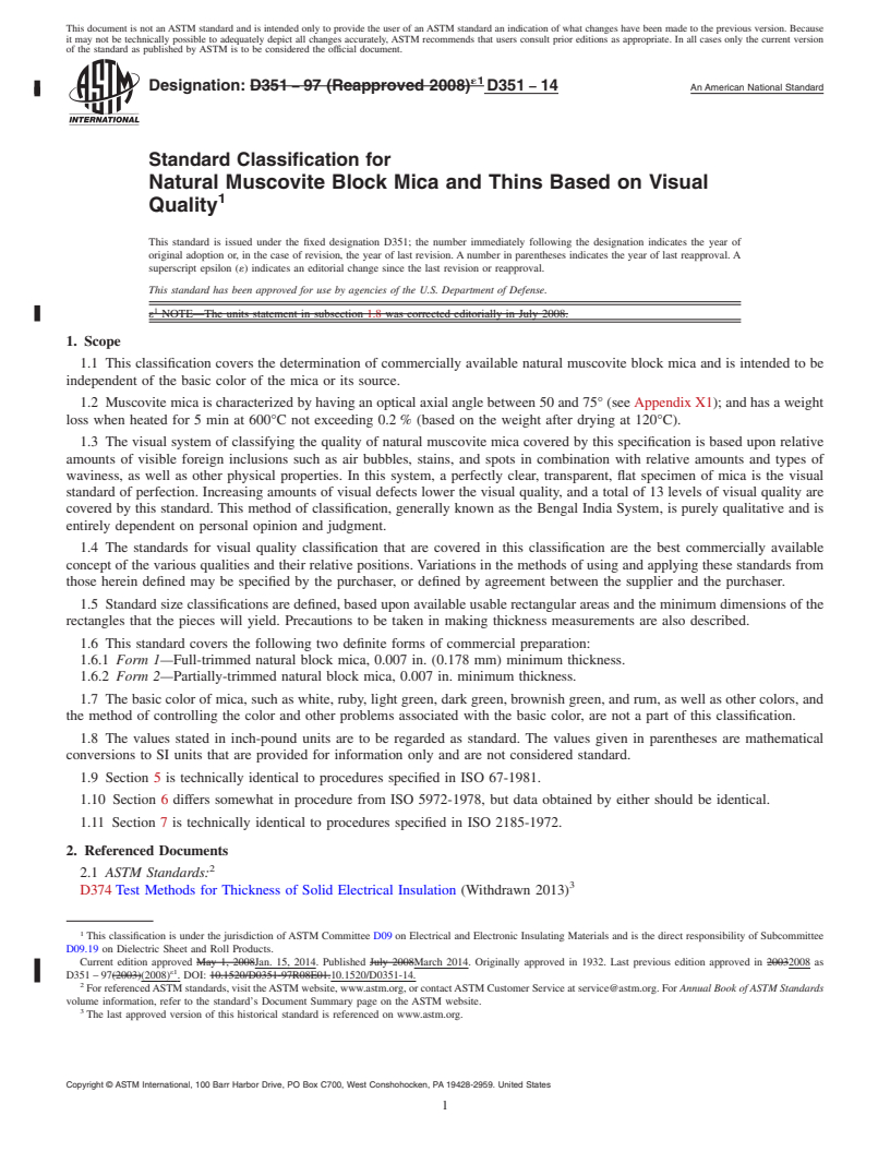 REDLINE ASTM D351-14 - Standard Classification for  Natural Muscovite Block Mica and Thins Based on Visual Quality