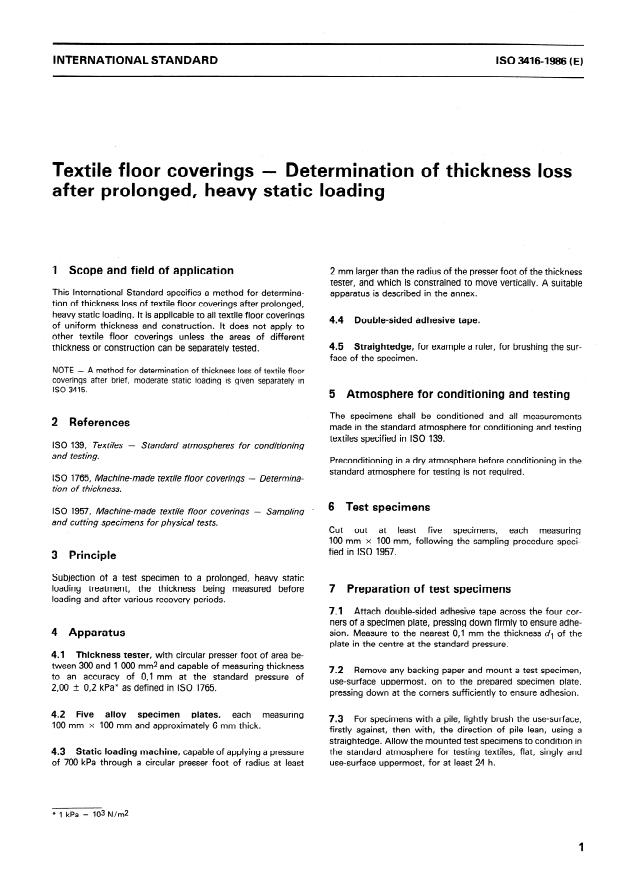 ISO 3416:1986 ISO 3416:1986 - Textile floor coverings -- Determination of thickness loss after prolonged, heavy static loading - Page 3 preview