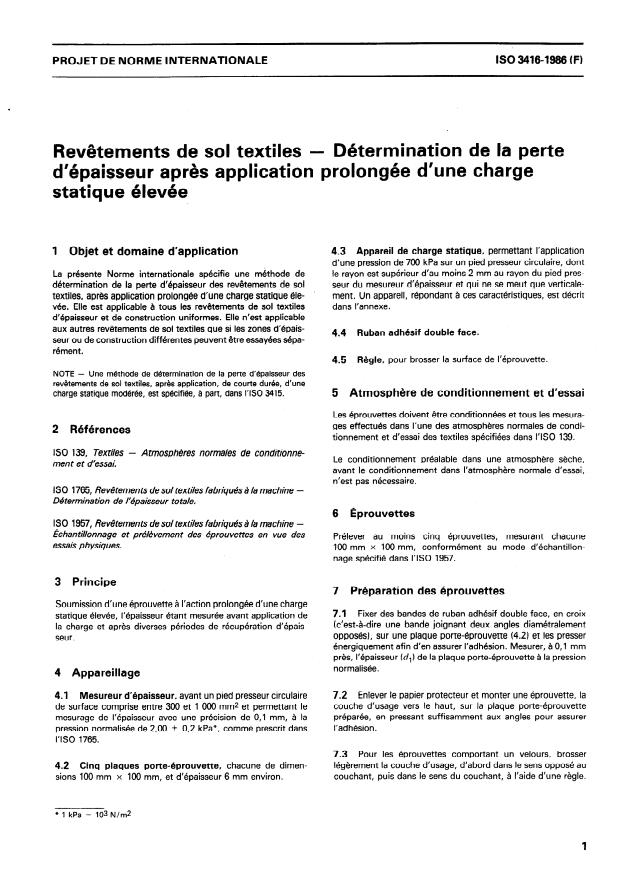 ISO 3416:1986 ISO 3416:1986 - Revetements de sol textiles -- Détermination de la perte d'épaisseur apres application prolongée d'une charge statique élevée - Page 3 preview