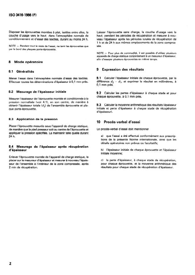 ISO 3416:1986 ISO 3416:1986 - Revetements de sol textiles -- Détermination de la perte d'épaisseur apres application prolongée d'une charge statique élevée - Page 4 preview