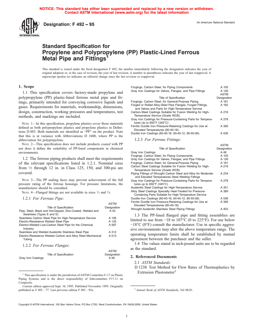 ASTM F492-95 - Standard Specification for Propylene and Polypropylene (PP) Plastic-Lined Ferrous Metal Pipe and Fittings (Withdrawn 2004)