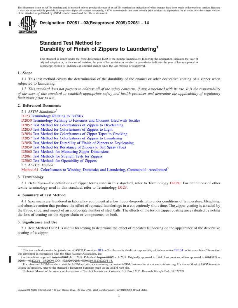 REDLINE ASTM D2051-14 - Standard Test Method for  Durability of Finish of Zippers to Laundering