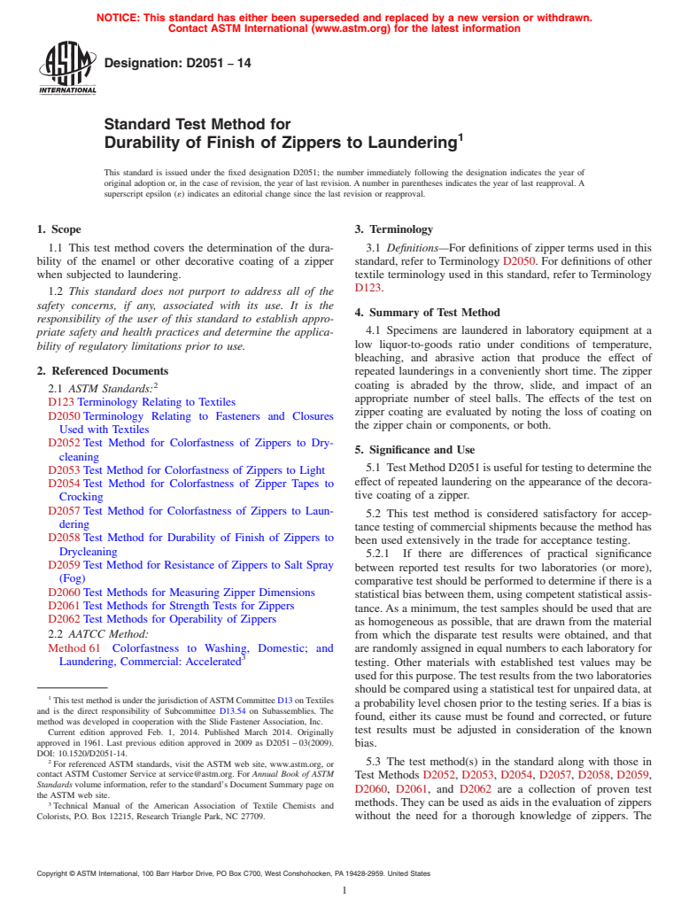 ASTM D2051-14 - Standard Test Method for  Durability of Finish of Zippers to Laundering