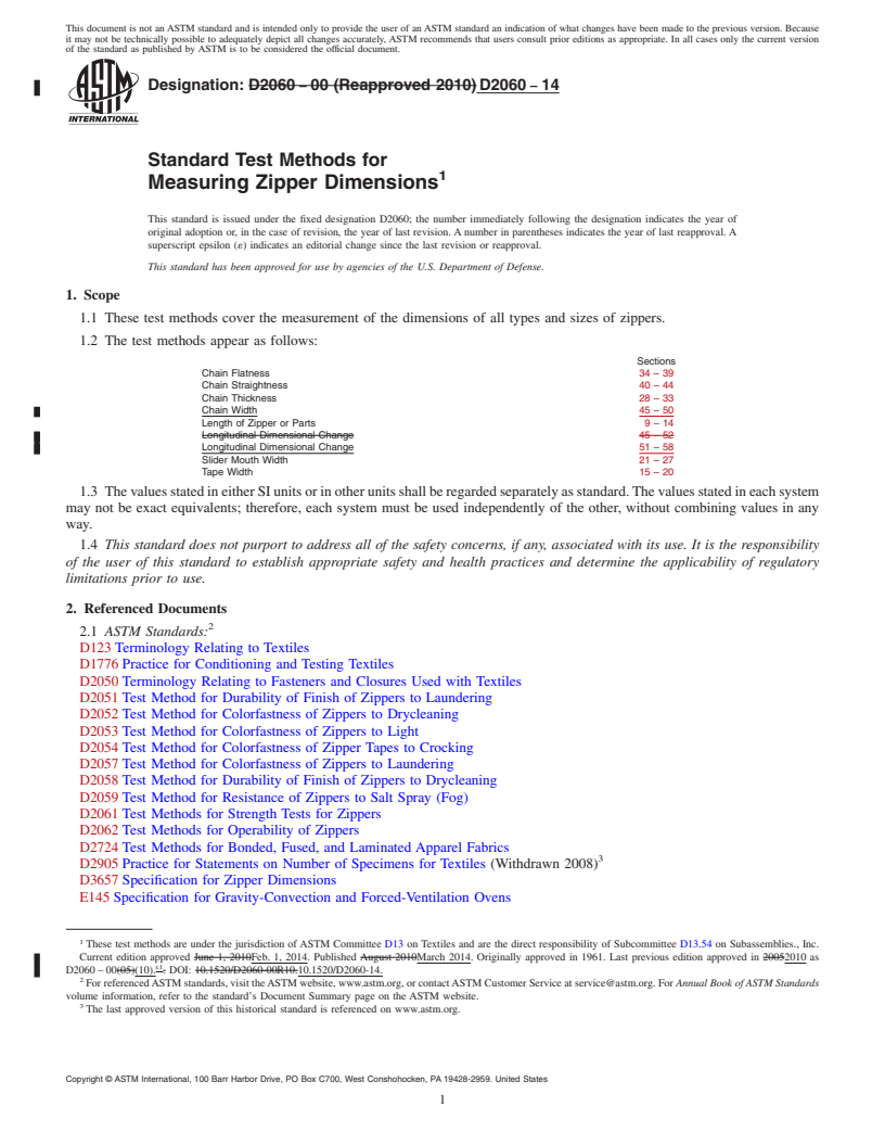 REDLINE ASTM D2060-14 - Standard Test Methods for  Measuring Zipper Dimensions