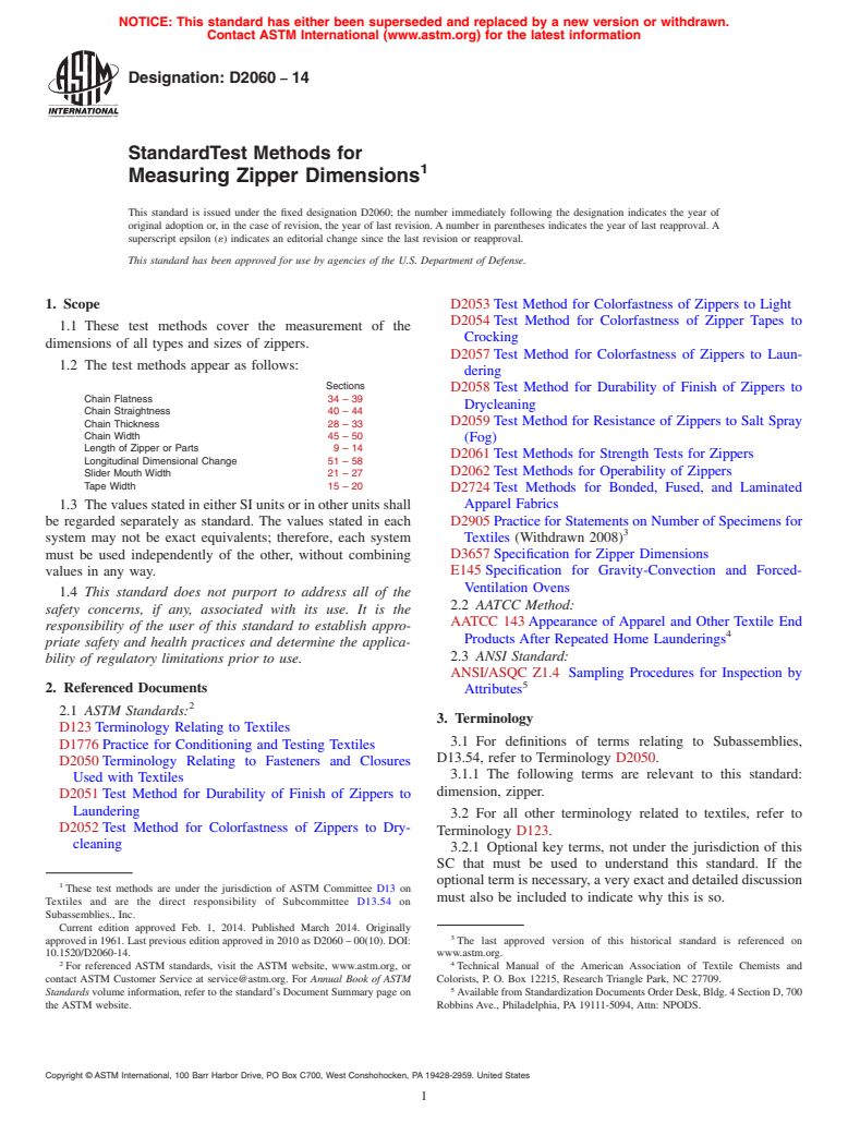 ASTM D2060-14 - Standard Test Methods for  Measuring Zipper Dimensions