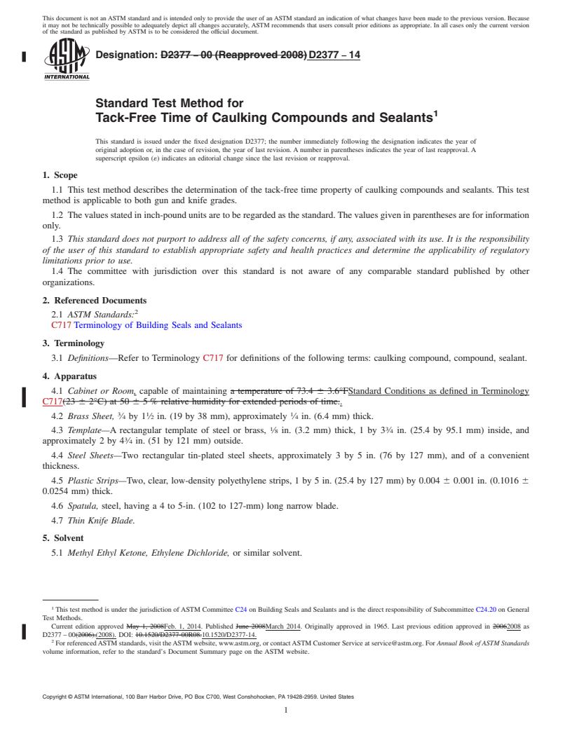 REDLINE ASTM D2377-14 - Standard Test Method for  Tack-Free Time of Caulking Compounds and Sealants