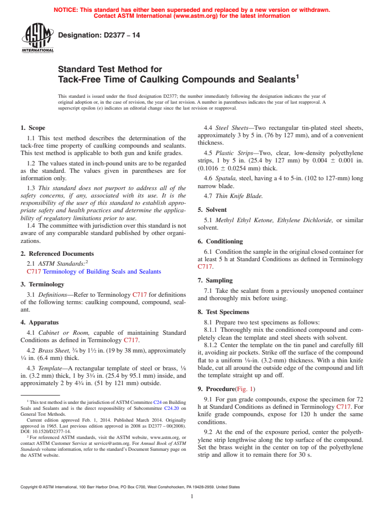 ASTM D2377-14 - Standard Test Method for  Tack-Free Time of Caulking Compounds and Sealants