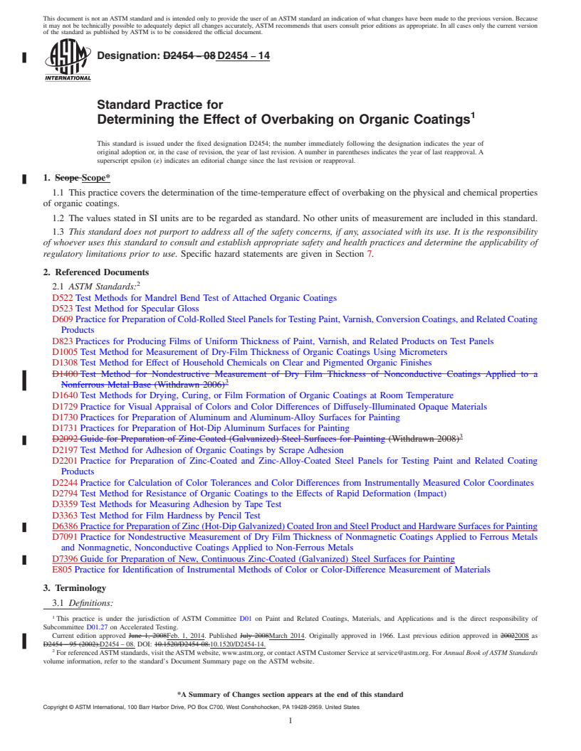 REDLINE ASTM D2454-14 - Standard Practice for Determining the Effect of Overbaking on Organic Coatings