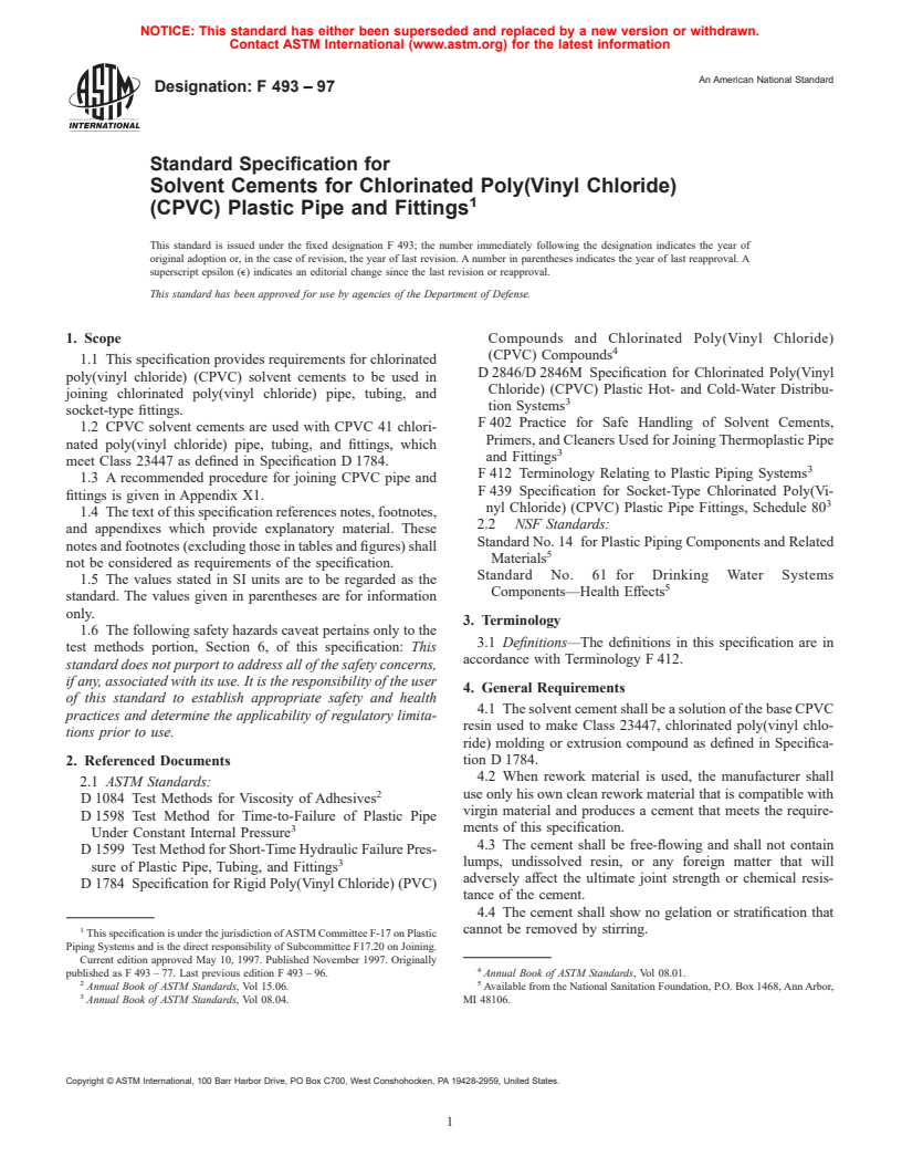 ASTM F493-97 - Standard Specification for Solvent Cements for Chlorinated Poly(Vinyl Chloride) (CPVC) Plastic Pipe and Fittings