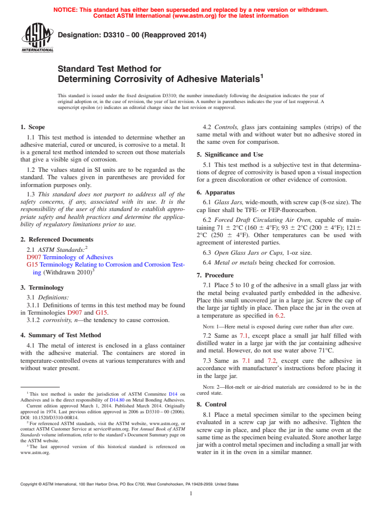 ASTM D3310-00(2014) - Standard Test Method for Determining Corrosivity of Adhesive Materials