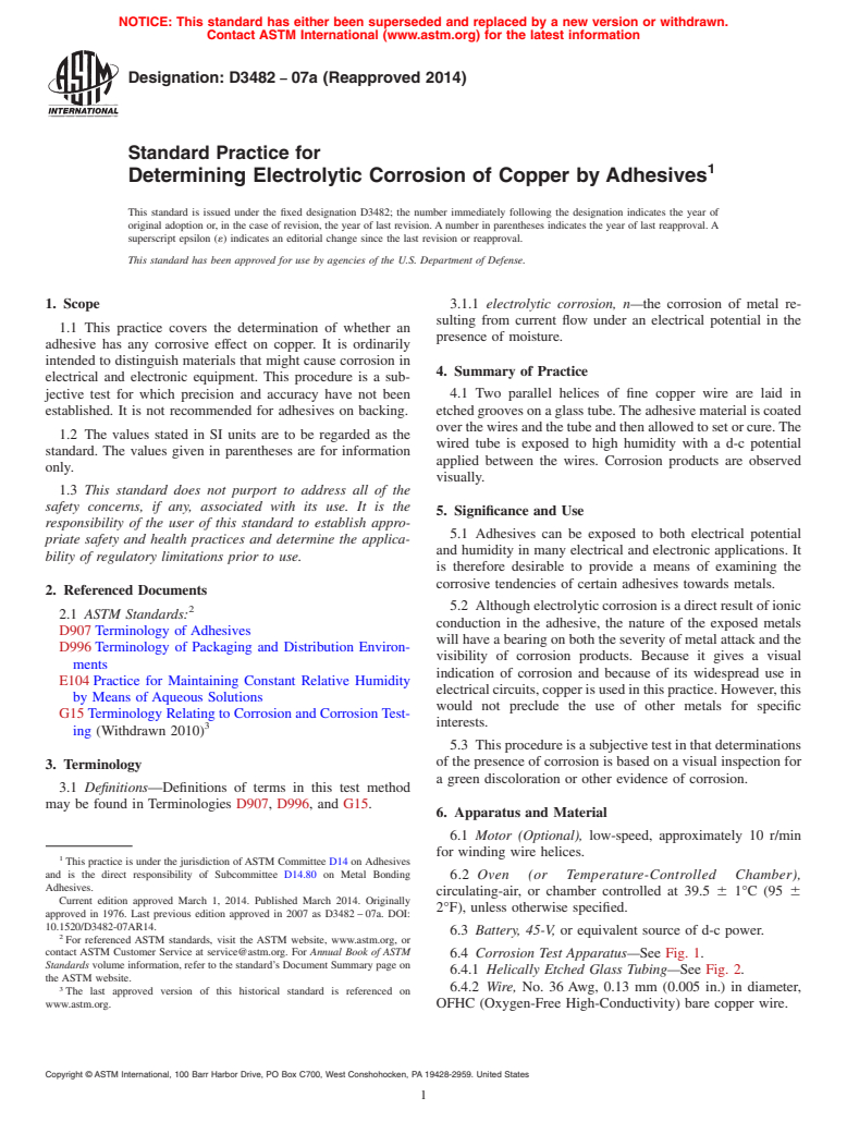 ASTM D3482-07a(2014) - Standard Practice for Determining Electrolytic Corrosion of Copper by Adhesives