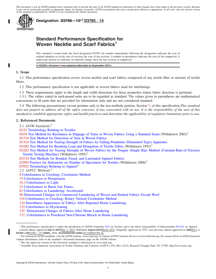 REDLINE ASTM D3785-14 - Standard Performance Specification for  Woven Necktie and Scarf Fabrics